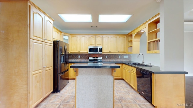 kitchen featuring light brown cabinetry, dark countertops, a sink, and black appliances