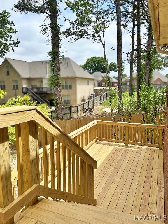 wooden deck featuring a fenced backyard and a residential view