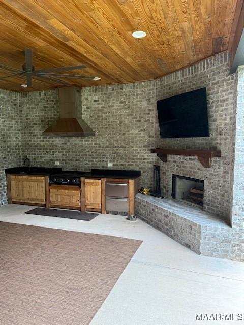 169 Foxfire Ct, Wetumpka, AL 36092 - unfurnished living room with a brick fireplace, ceiling fan, and wooden ceiling