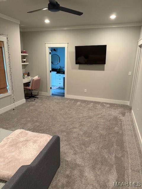 169 Foxfire Ct, Wetumpka, AL 36092 - living area with ornamental molding, a ceiling fan, recessed lighting, and carpet flooring