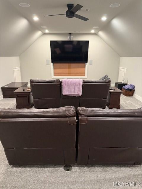 169 Foxfire Ct, Wetumpka, AL 36092 - home theater with ceiling fan, vaulted ceiling, and carpet
