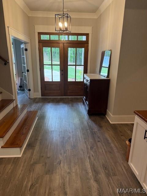169 Foxfire Ct, Wetumpka, AL 36092 - doorway to outside featuring an inviting chandelier, french doors, stairs, baseboards, and dark wood-style floors