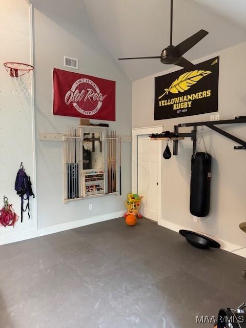 169 Foxfire Ct, Wetumpka, AL 36092 - exercise room with baseboards, a ceiling fan, visible vents, and high vaulted ceiling