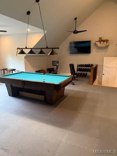 169 Foxfire Ct, Wetumpka, AL 36092 - game room featuring billiards, a ceiling fan, and lofted ceiling