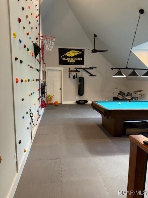 169 Foxfire Ct, Wetumpka, AL 36092 - playroom with a ceiling fan, billiards, and high vaulted ceiling