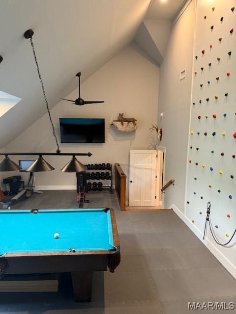 169 Foxfire Ct, Wetumpka, AL 36092 - playroom featuring baseboards, a ceiling fan, and vaulted ceiling