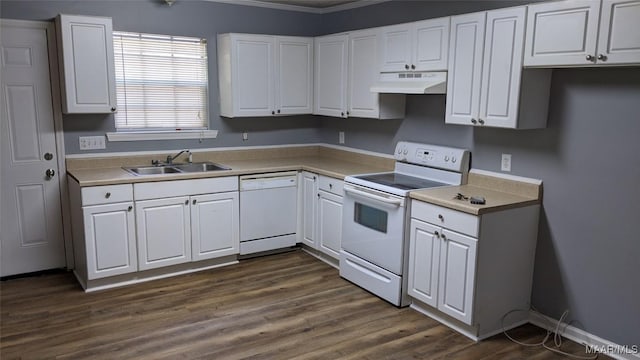 kitchen with crown molding, a sink, white appliances, white cabinetry, and under cabinet range hood