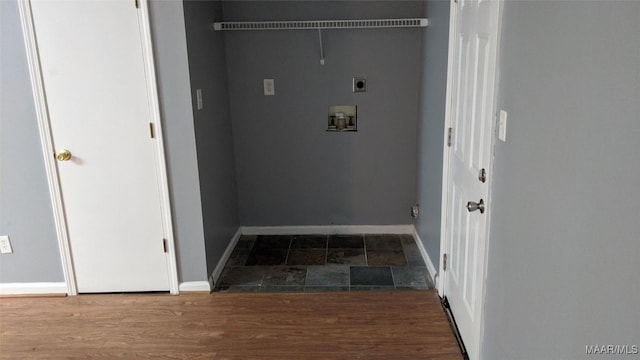 laundry room with laundry area, electric dryer hookup, wood finished floors, baseboards, and hookup for a washing machine