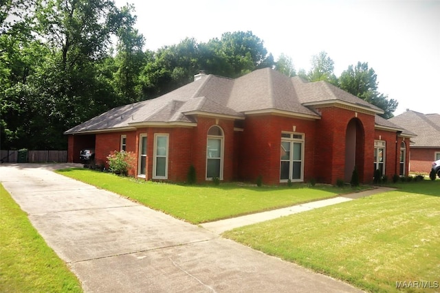 ranch-style home featuring roof with shingles, driveway, a front lawn, and brick siding