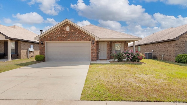 single story home with a front yard, a garage, brick siding, cooling unit, and concrete driveway