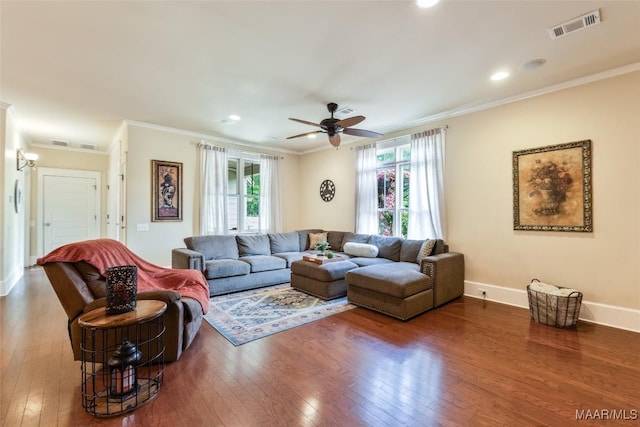105 Bell Pkwy, Wetumpka, AL 36092 - living room featuring crown molding, ceiling fan, visible vents, and hardwood / wood-style floors