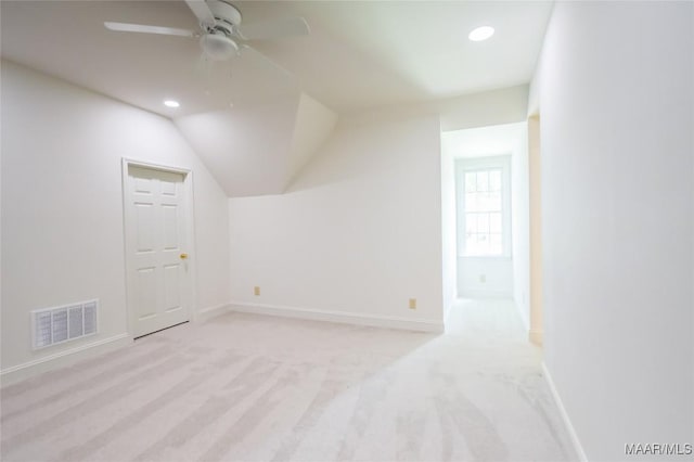 bonus room with ceiling fan, light colored carpet, visible vents, baseboards, and recessed lighting