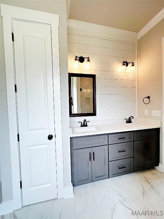 171 Mountain Laurel Rdg, Wetumpka, AL 36093 - full bathroom with marble look tiles, double vanity, and wood walls