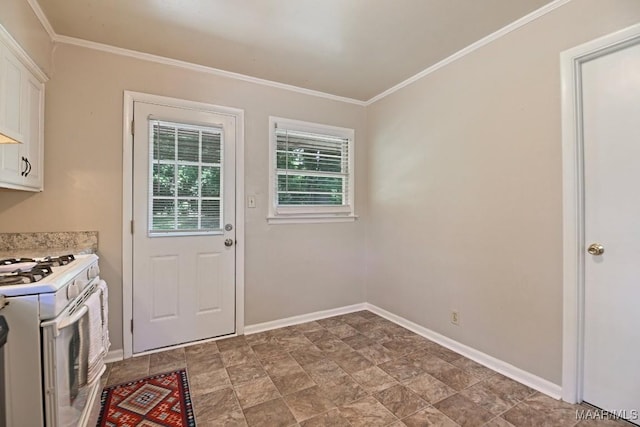 entryway with baseboards, ornamental molding, and stone finish flooring