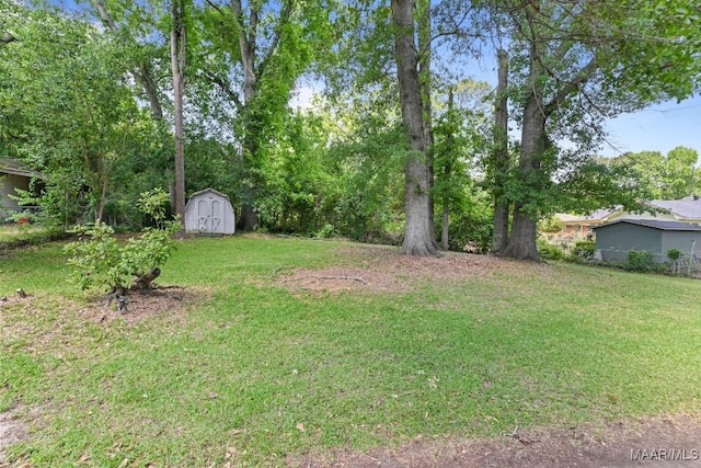 view of yard with an outbuilding and a shed