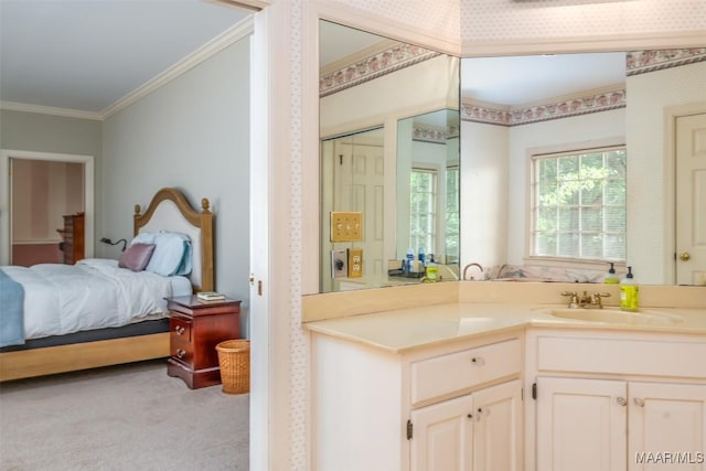 interior space with crown molding, vanity, and connected bathroom