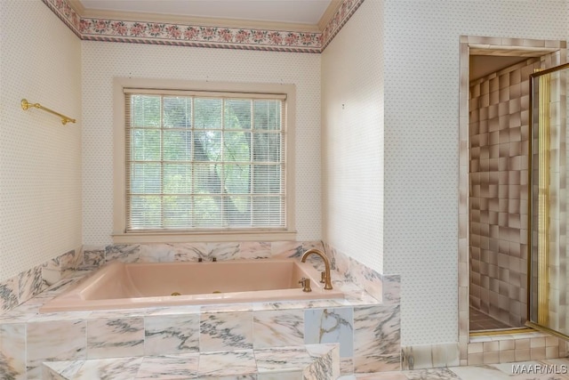 bathroom with a garden tub, a stall shower, and a wealth of natural light
