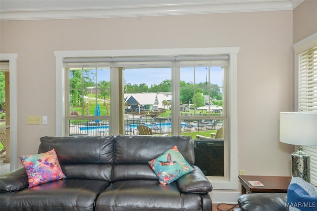 living room featuring crown molding