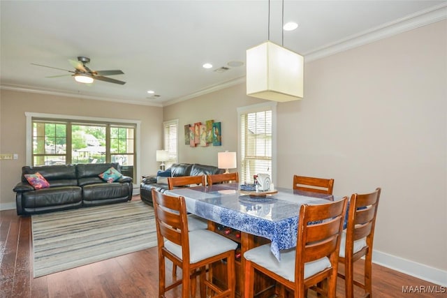 dining room featuring a ceiling fan, baseboards, ornamental molding, recessed lighting, and dark wood-type flooring