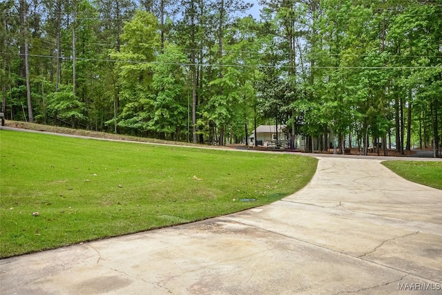 view of community featuring a yard and driveway