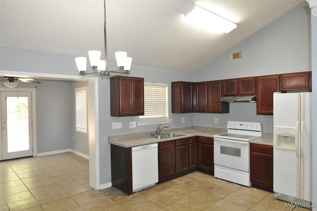 kitchen with white appliances, light countertops, under cabinet range hood, a sink, and light tile patterned floors