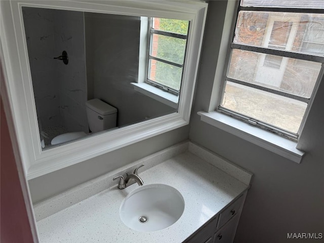 bathroom with vanity, a shower stall, and toilet