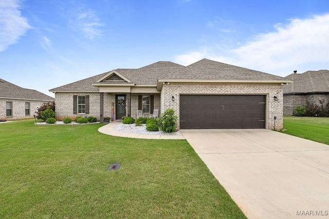 single story home featuring a front yard, roof with shingles, brick siding, an attached garage, and driveway