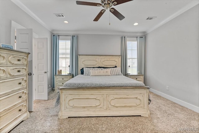 bedroom with baseboards, light colored carpet, recessed lighting, and visible vents