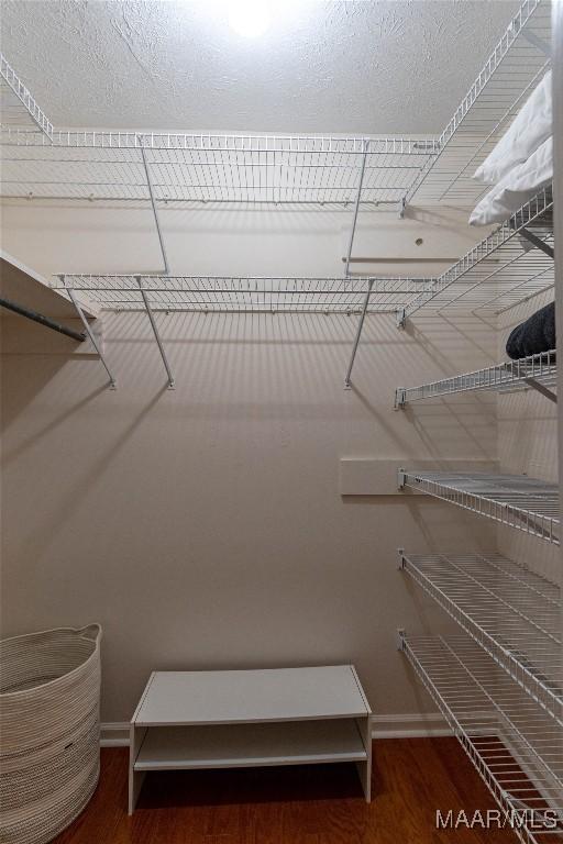 walk in closet with wood finished floors