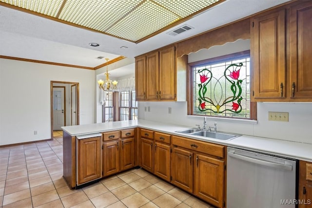 1520 Meriwether Rd, Montgomery, AL 36117 - kitchen featuring stainless steel dishwasher, a sink, brown cabinetry, a peninsula, and crown molding
