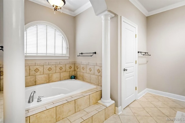full bathroom with tile patterned floors, ornamental molding, decorative columns, and a garden tub