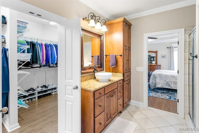 bathroom featuring connected bathroom, crown molding, wood finished floors, vanity, and a spacious closet