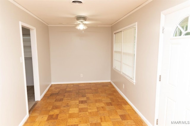 3374 Loch Haven Rd, Montgomery, AL 36109 - spare room featuring baseboards, ornamental molding, a ceiling fan, and visible vents