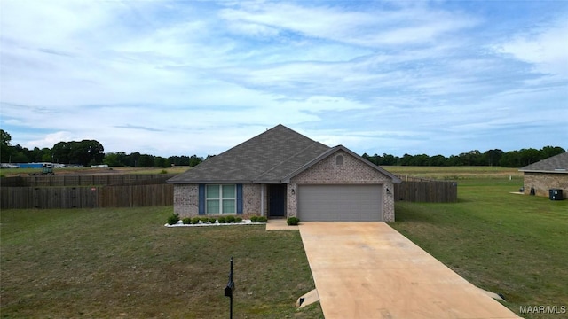 view of front of house with driveway, a garage, brick siding, fence, and a front lawn
