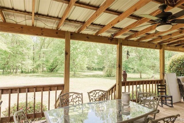 2755 Cherokee Trl, Tallassee, AL 36078 - deck featuring a ceiling fan, a forest view, and outdoor dining space