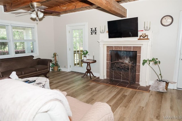 2755 Cherokee Trl, Tallassee, AL 36078 - living room featuring beamed ceiling, wood ceiling, and wood finished floors