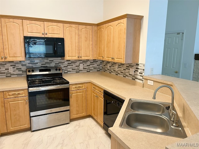 1672 Hawthorne Ln, Prattville, AL 36066 - kitchen featuring a sink, light brown cabinets, light countertops, backsplash, and black appliances