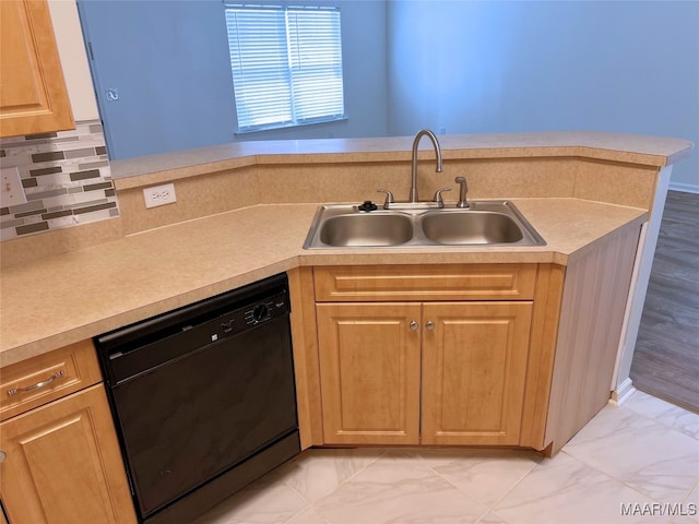 1672 Hawthorne Ln, Prattville, AL 36066 - kitchen featuring marble finish floor, black dishwasher, light countertops, tasteful backsplash, and a sink