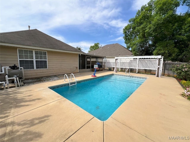 1672 Hawthorne Ln, Prattville, AL 36066 - view of swimming pool featuring a pergola, a patio, a fenced backyard, a sunroom, and a fenced in pool