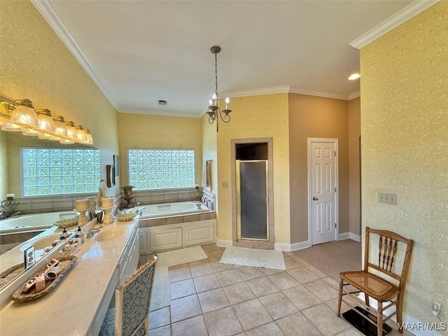 full bath with crown molding, plenty of natural light, a bath, and a stall shower