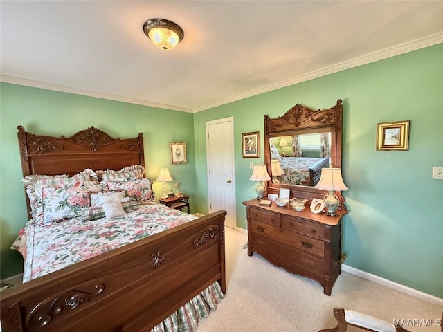 bedroom with baseboards, ornamental molding, and light carpet