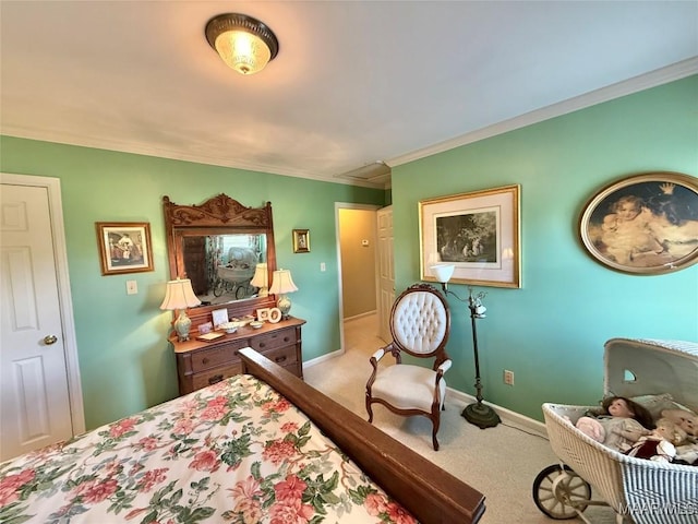 carpeted bedroom featuring baseboards and ornamental molding