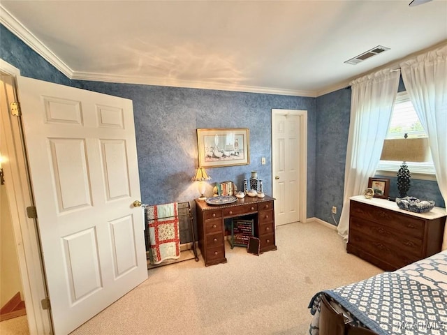 bedroom featuring ornamental molding, carpet, and visible vents
