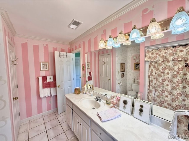 full bathroom featuring crown molding, vanity, tile patterned floors, wallpapered walls, and visible vents