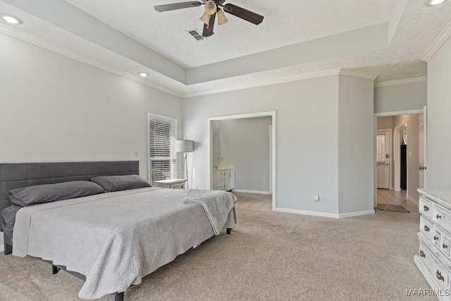 8800 Oak Meadow Ct, Montgomery, AL 36116 - bedroom featuring visible vents, recessed lighting, light colored carpet, a raised ceiling, and a textured ceiling