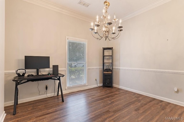 8800 Oak Meadow Ct, Montgomery, AL 36116 - office area featuring visible vents, ornamental molding, wood finished floors, baseboards, and a chandelier