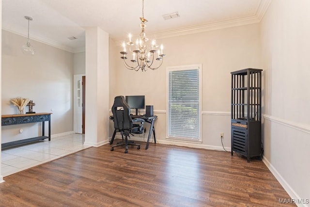 8800 Oak Meadow Ct, Montgomery, AL 36116 - office space featuring baseboards, ornamental molding, wood finished floors, and a chandelier