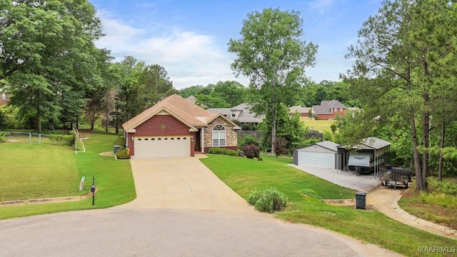traditional home with driveway, fence, stone siding, and a front yard
