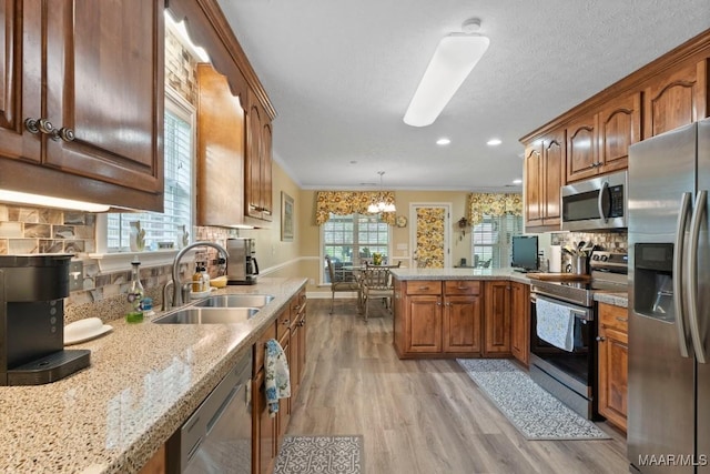 kitchen with a peninsula, a sink, light wood finished floors, backsplash, and stainless steel appliances