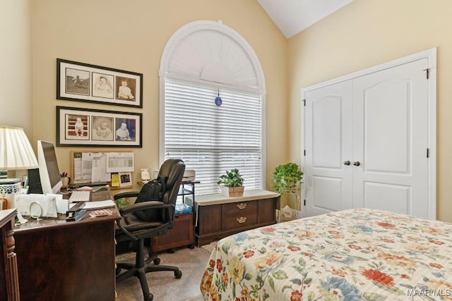 bedroom with light colored carpet, lofted ceiling, and a closet